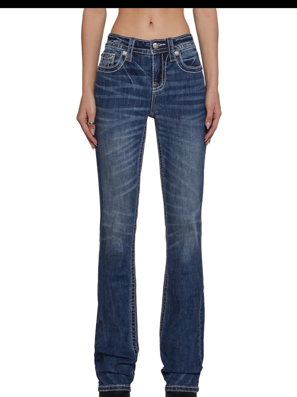 Dolls Kill Dark Blue Flare Jeans with Contrast Stitching